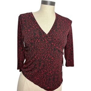 2000s Apostrophe Women's 3/4 Long Sleeve Red Black Patterned Top Buttons